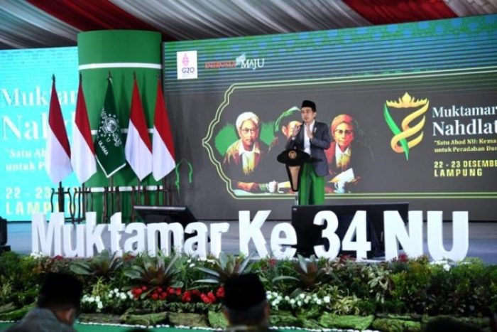 Presiden Jokowi saat meresmikan Pembukaan Muktamar Ke-34 NU di Kabupaten Lampung Tengah, Rabu, (22/12/2021) | dok/photo: BPMI Setpres