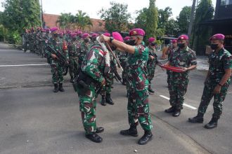 Danyontaifib 2 Marinir saat menyambut kedatangan Satgasmar Muara dan Perairan (Mupe) Papua | dok/photo: Dispen Kormar