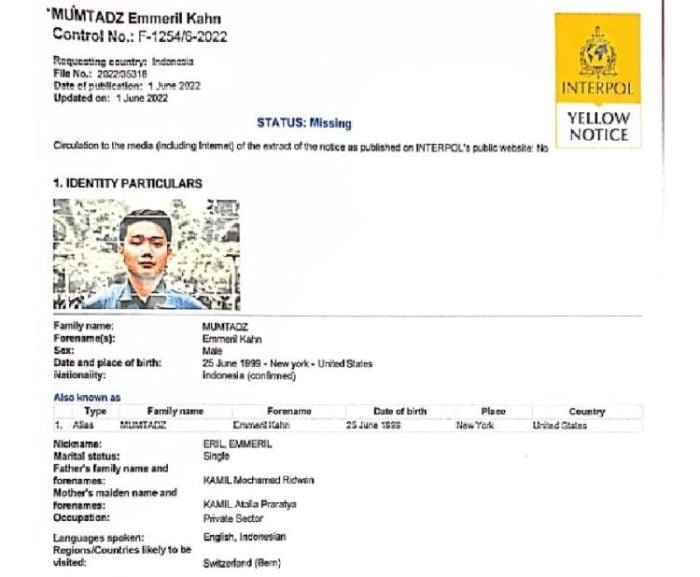 Yellow Notice Interpol | dok/photo: Istimewa