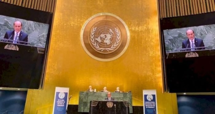 Kepala BNPT RI, Komjen Pol Boy Rafli Amar saat berbicara dalam kongres global PBB | source: Humas BNPT