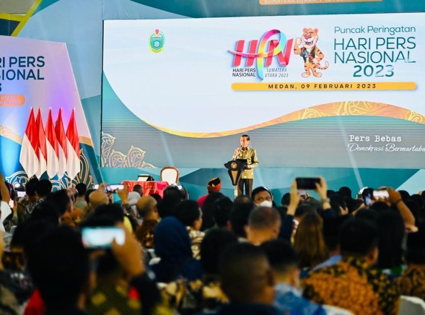 Presiden Joko Widodo saat menyampaikan sambutan pada Puncak Peringatan HPN 2023 di Deli Serdang, Sumatera Utara, Kamis (9/2/2023) | dok/foto: BPMI Setpres