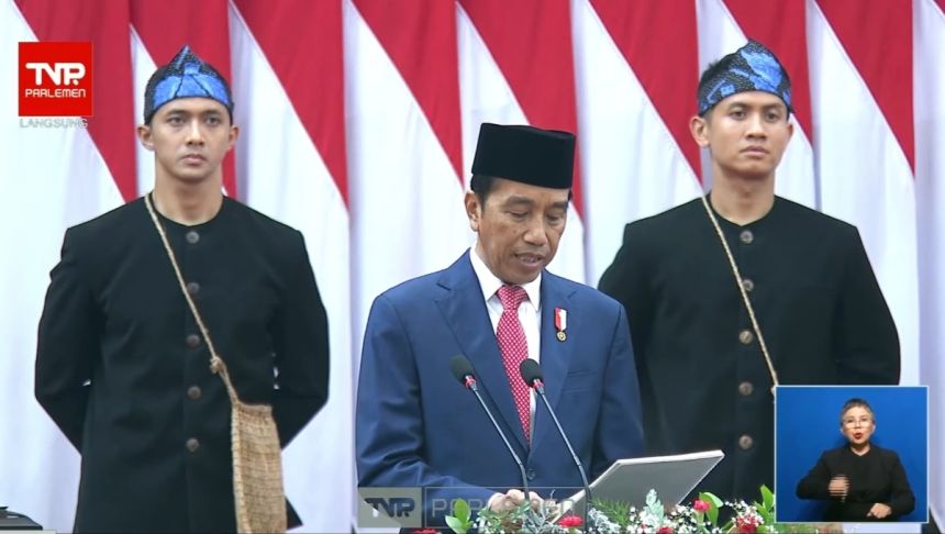 Presiden Joko Widodo dalam Rapat Paripurna Pembukaan Masa Persidangan I DPR RI Tahun Sidang 2023-2024 yang digelar di Gedung Nusantara MPR/DPR/DPD RI, Jakarta, pada Rabu, 16 Agustus 2023 | Tangkapan layar: IG/TVR Parlemen