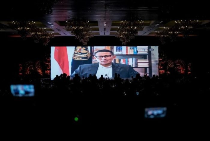 Menparekraf/ Kabaparekraf, Sandiaga Salahuddin Uno saat menyampaikan sambutan secara daring di acara "AIS Blue Economy High-Level Dialogue: Forging A New Era of Sustainable Growth" di Bali, Senin, 9 Oktober 2023 | Kredit Foto: Media Center AIS Forum 2023