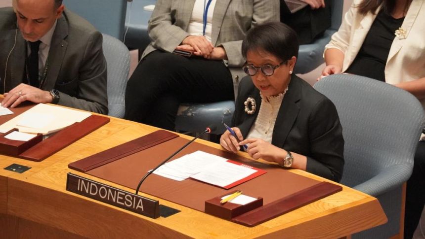 Menteri Luar Negeri (Menlu) RI Retno Marsudi dalam High-Level Open Debate DK PBB yang berlangsung di New York, Amerika Serikat, Selasa (24/10/2023) | dok/foto: Kemlu RI