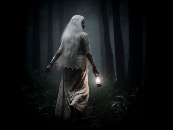 Ilustrasi: Seorang nenek berambut putih berjalan di tengah hujan saat malam | Kredit: Ai/Bicaraindonesia.id