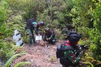 Satgas Pamtas Mobile Yonif 330 Tri Dharma melakukan penanaman bibit Pohon Mahoni di kawasan hutan wilayah Intan Jaya, Papua Tengah, Sabtu (16/12/2023) | Source: Dispenad