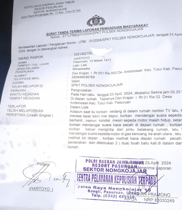 Surat pelaporan polisi | dok/foto: Istimewa