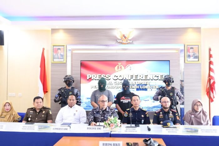 Konferensi pers Lanal Banyuwangi Koarmada II, menggagalkan upaya penyelundupan Benih Bening Lobster | Source: Dispen Koarmada II
