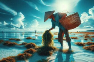 Ilustrasi: Nelayan memanen hasil budidaya rumput laut | Sc: powered by ai
