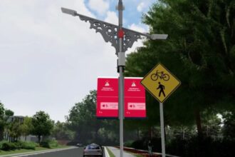 Desain visual smartpole atau tiang lampu cerdas karya tim Frequency Freaks ITS saat menampilkan peringatan dini bencana | Sumber Foto: Humas ITS