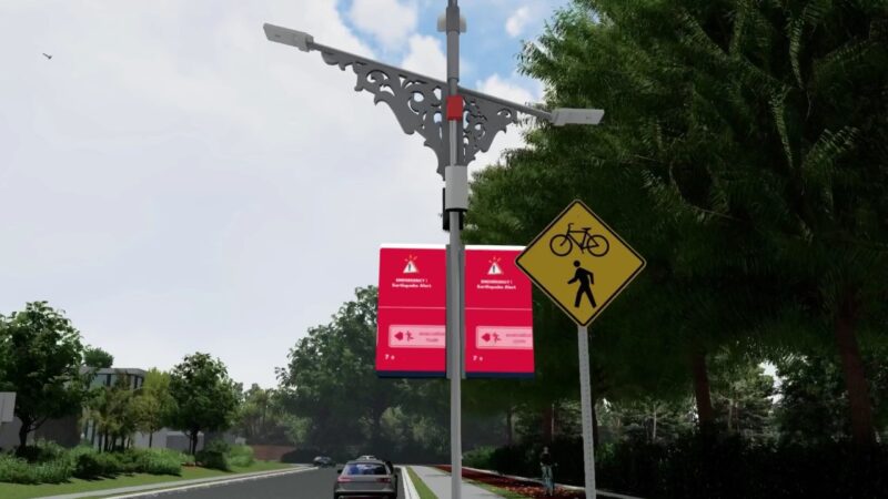 Desain visual smartpole atau tiang lampu cerdas karya tim Frequency Freaks ITS saat menampilkan peringatan dini bencana | Sumber Foto: Humas ITS