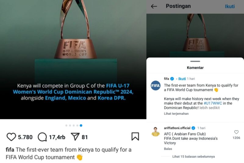 Tangkapan layar komentar akun Wakil Ketua DPRD Surabaya, Arif Fathoni di Instagram resmi FIFA | Sumber: Instagram/FIFA