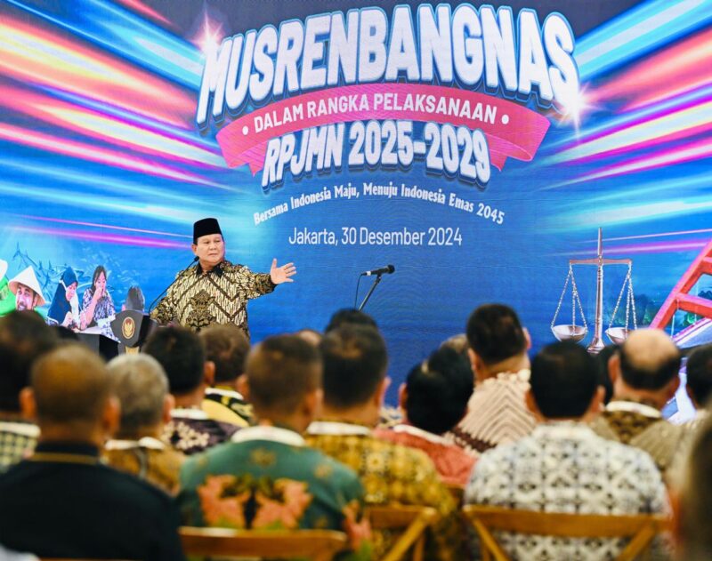 Presiden Prabowo Subianto saat memberikan arahan dalam Musrenbangnas RPJMN 2025-2029 di Jakarta, Senin (30/12/2024) | Sumber Foto: dok. BPMI Setpres