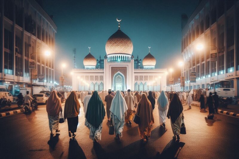 Ilustrasi ibadah Salat Tarawih di Bulan Suci Ramadan 2025 | Foto: Pow-AI/BI