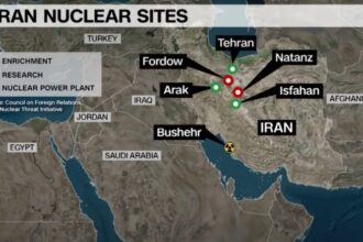Ilustrasi: Peta beberapa situs nuklir Iran | Sumber: Council on Foreign Relations. IAEA, Nuclear Threat Initiative