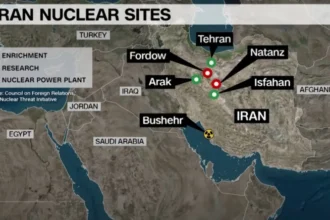 Ilustrasi: Peta beberapa situs nuklir Iran | Sumber: Council on Foreign Relations. IAEA, Nuclear Threat Initiative
