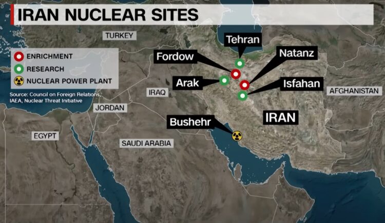 Ilustrasi: Peta beberapa situs nuklir Iran | Sumber: Council on Foreign Relations. IAEA, Nuclear Threat Initiative