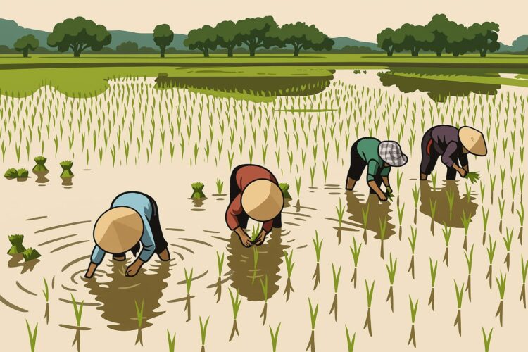 Ilustrasi: Petani melakukan penanaman padi di lahan pertanian (Foto: Pixabay/AI)