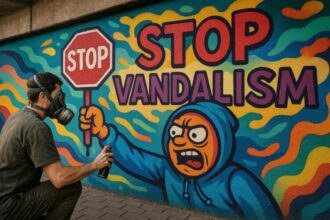 Ilustrasi mural bernada imbauan "Stop Vandalisme" | Foto: Pow-Ai/BI
