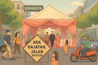 Ilustrasi acara pernikahan atau hajatan di jalan umum | Foto: Cre-AI/BI