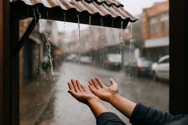 Ilustrasi: Tangan menengadah air hujan (Foto: Cre-AI/BI)