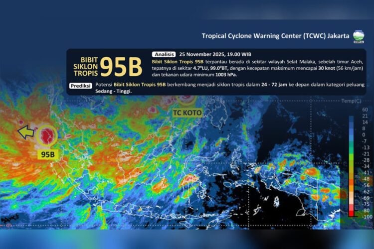 Prediksi dan analisis bibit siklon tropis 95B pada Selasa (25/11/2025) | Sumber Foto: Hum/BMKG