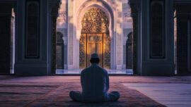 Ilustrasi seorang muslim tengah melaksanakan I’tikaf atau berdiam diri di masjid (Pixabay)