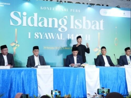 Konferensi pers sidang isbat penetapan 1 Syawal 1447 H di kantor Kementerian Agama, Jalan MH Thamrin, Jakarta, Kamis (19/3/2026). (Foto: Kemenag)