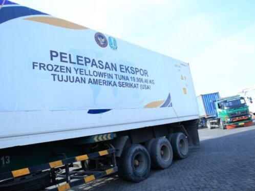 Pelepasan ekspor Frozen Yellowfin Tuna 19.906,46 Kg tujuan Amerika Serikat (USA) di Instalansi Karantina Terpadu Puspa Agro, Kabupaten Sidoarjo, Jawa Timur, Jumat (8/5/2026). (Foto: Ariandi K/BI)