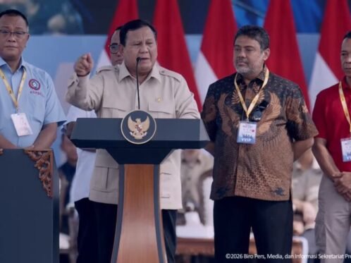Presiden Prabowo Subianto menyampaikan sambutan pada peringatan Hari Buruh Internasional di kawasan Monumen Nasional (Monas), Jakarta, Jumat (1/5/2026). (Foto: Sc/Yt/BPMI Setpres)