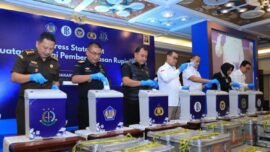 Pemusnahan uang rupiah palsu berbagai pecahan dalam konferensi pers di Kantor Pusat Bank Indonesia, Jakarta, Rabu (13/5/2026). (Sumber Foto: Polri)