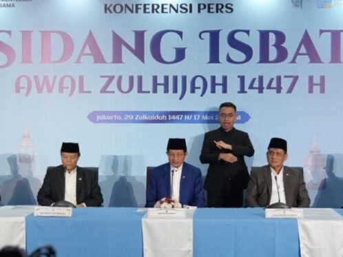 Konferensi pers Sidang Isbat penetapan awal Zulhijah 1447 H di Kantor Kementerian Agama, Jalan MH Thamrin, Jakarta, Minggu (17/5/2026). (Sumber Foto: Kemenag RI)