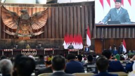 Presiden Prabowo Subianto dalam pidato kenegaraan pada Sidang Tahunan MPR RI serta Sidang Bersama DPR RI dan DPD RI di Gedung Nusantara, Kompleks Parlemen, Jakarta, Jumat (14/8/2026). (Sumber Foto: BPMI Setpres)
