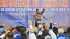Kapolri Jenderal Polisi Listyo Sigit Prabowo saat menghadiri Konsolidasi Akbar FSPMI di Kawasan Industri MM2100, Kabupaten Bekasi, Jawa Barat, Jumat (11/9/2026). (Foto: Hum Polri)