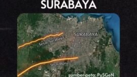 Tangkapan layar peta wilayah Kota Surabaya, Provinsi Jawa Timur, yang dilewati sesar. (Sumber: BPBD Surabaya)