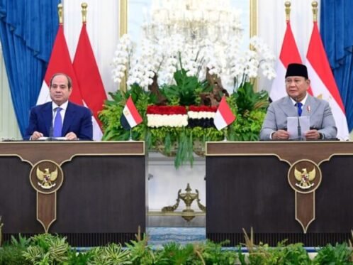 Presiden RI Prabowo Subianto dan Presiden Republik Arab Mesir Abdel Fattah El-Sisi menyampaikan keterangan pers bersama di Istana Merdeka, Jakarta, Minggu (11/10/2026). (Sumber Foto: BPMI Setpres)